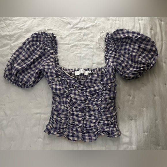 Astr Blue and White Puff Sleeve Ruched Blouse - Picture 2 of 4